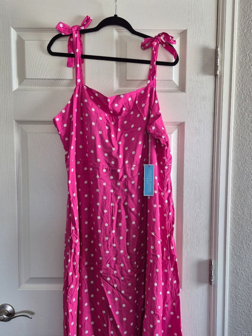 NEW Draper s RSVP Pink and White Polka Dot Dress with Bow Straps and Back Smocki